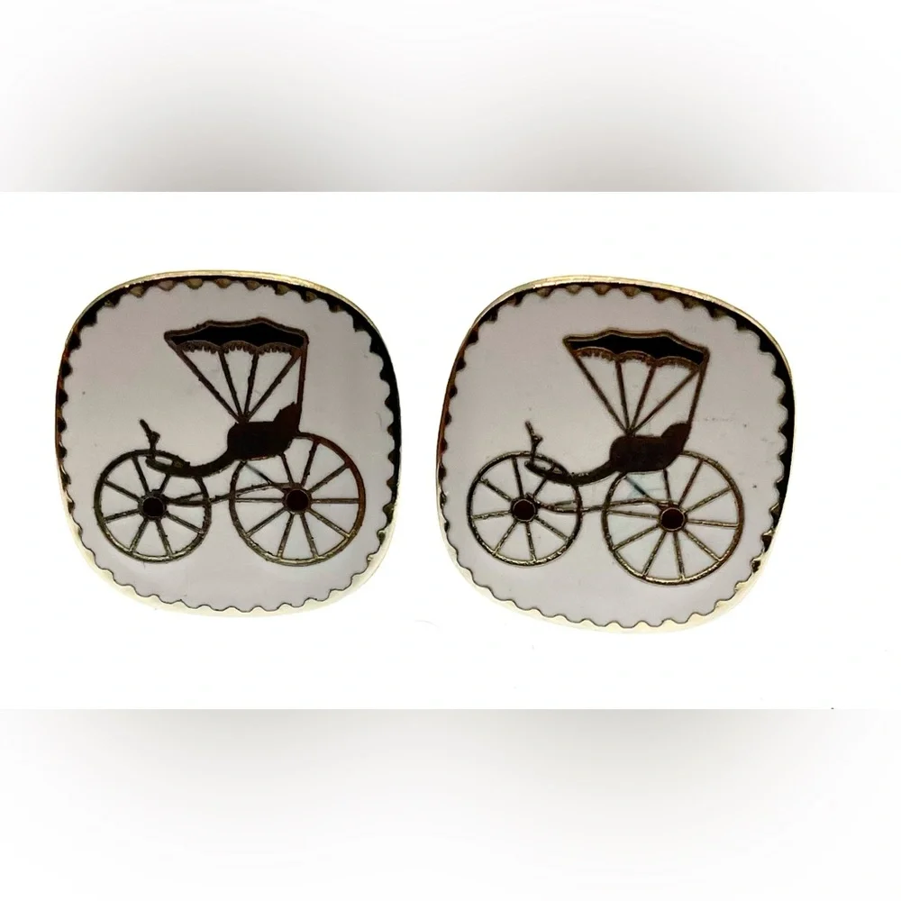 Vintage Cufflinks Gold Tone and Enamel Square Antique Car